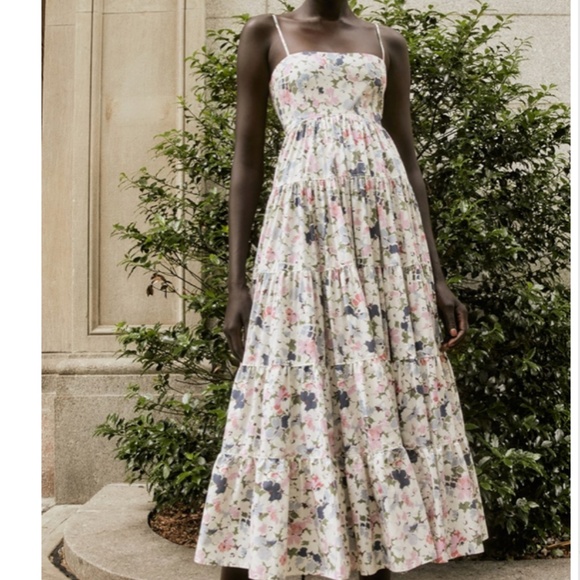 NWT Cinq a Sept 5a7 Gavin Floral Print Tiered Cotton Maxi Dress - Papyrus Multi - Picture 2 of 12